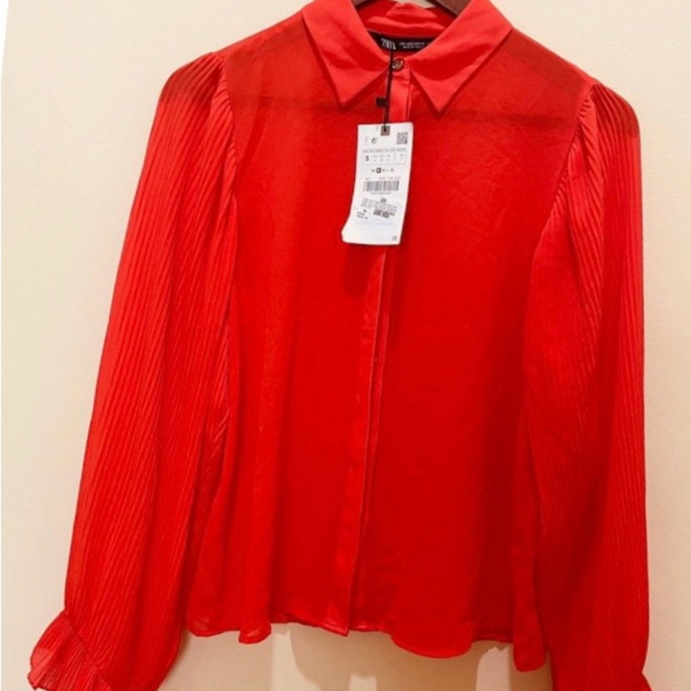 Zara Orange Notched Collar Blouse with Long Sleeves